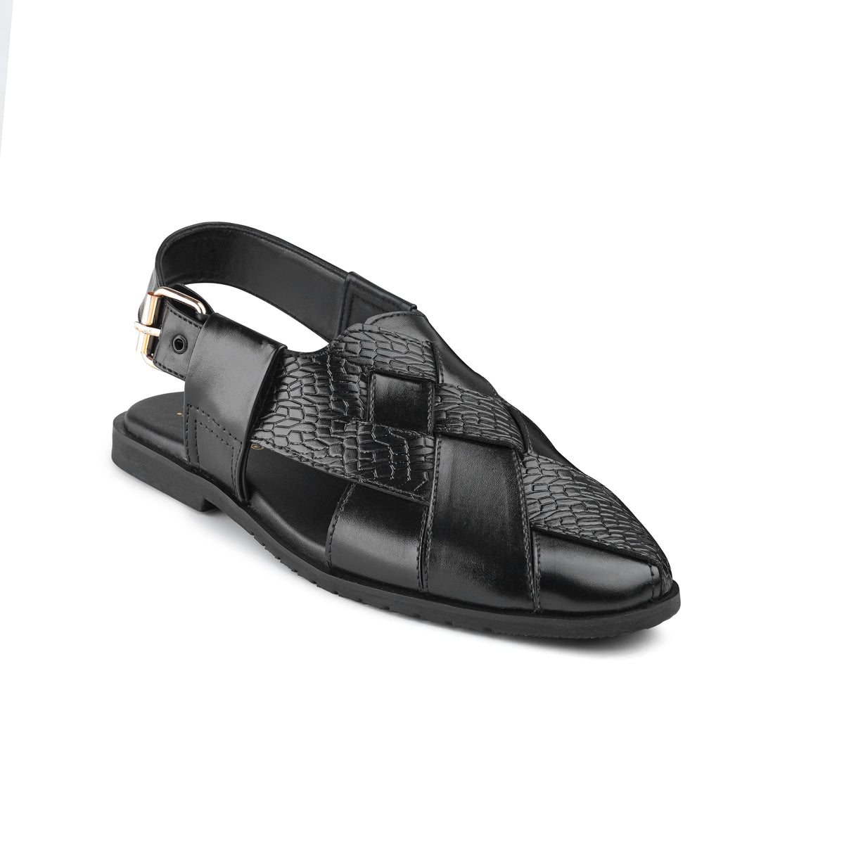 Men’s Black Embossed Cross‑Strap Peshawari Chappal
