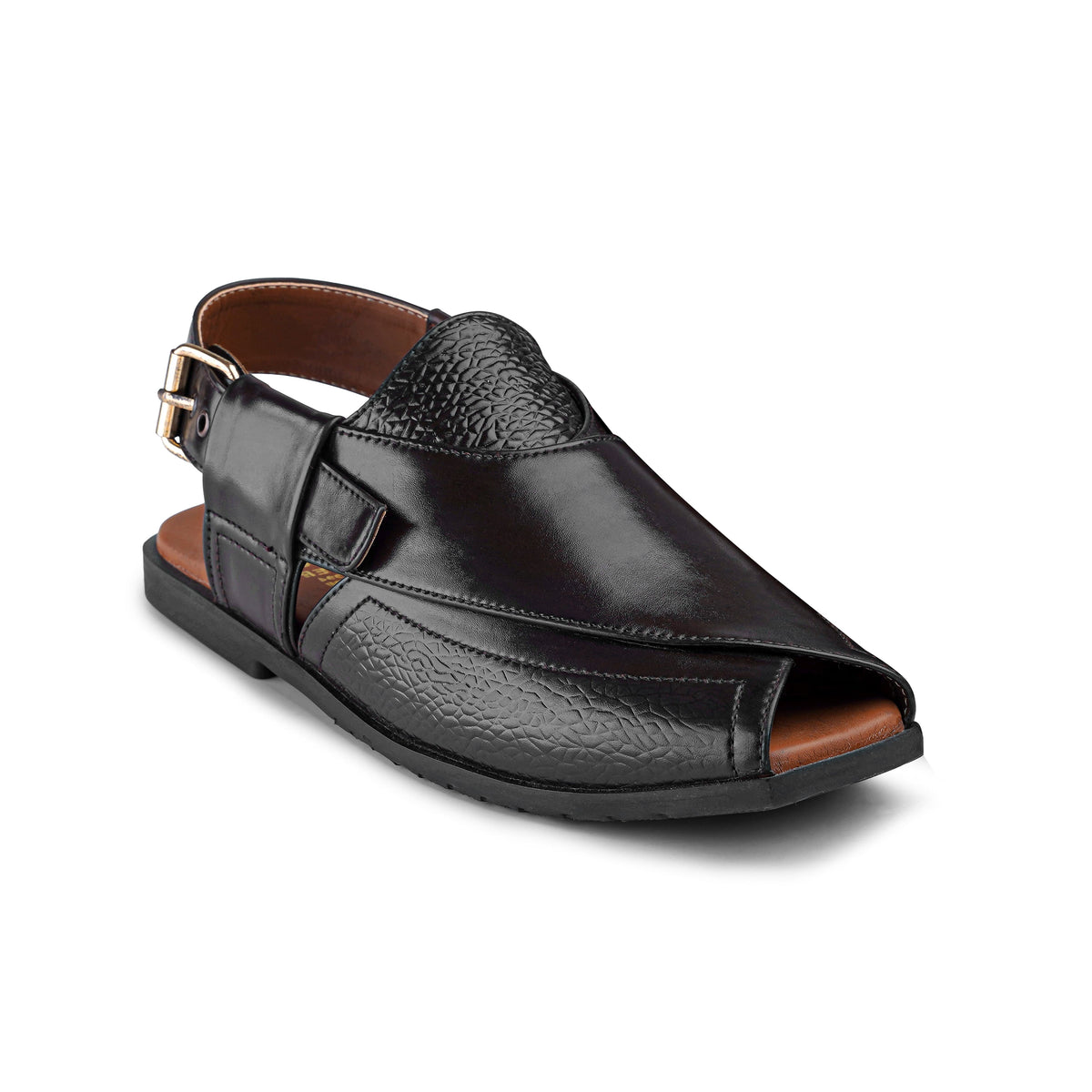 Men’s Black Embossed Cross‑Panel Peshawari Chappal