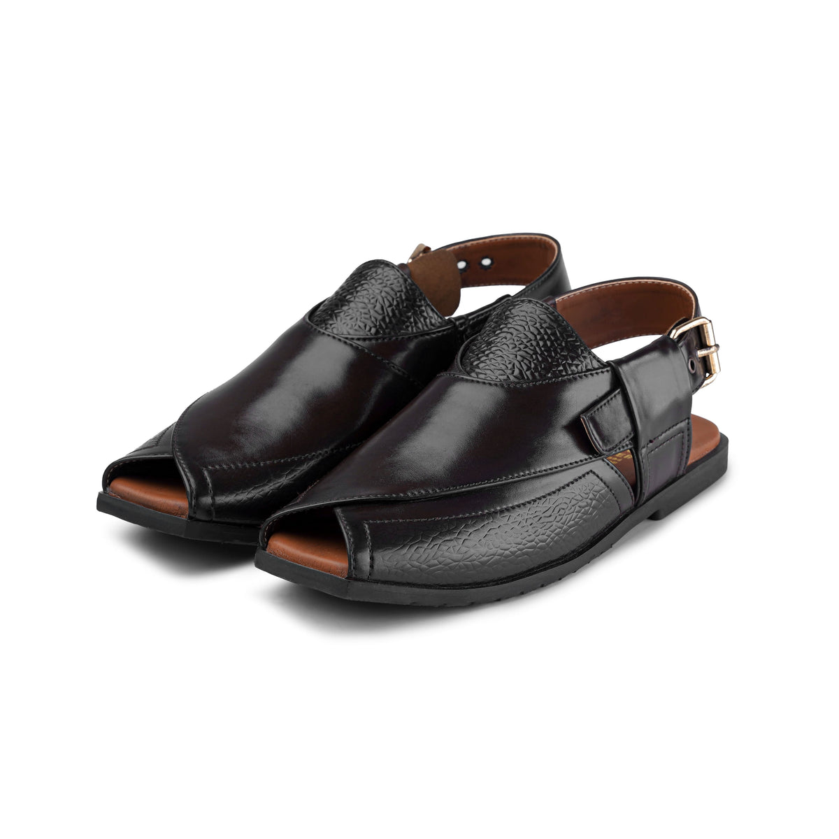 Men’s Black Embossed Cross‑Panel Peshawari Chappal