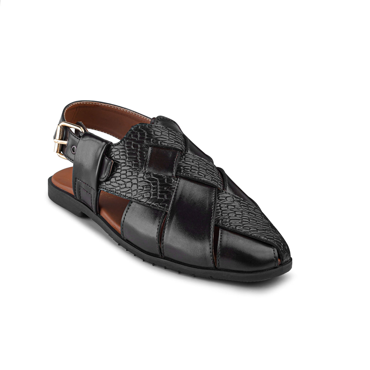Men’s Black Croc‑Embossed Cross‑Strap Peshawari Chappal
