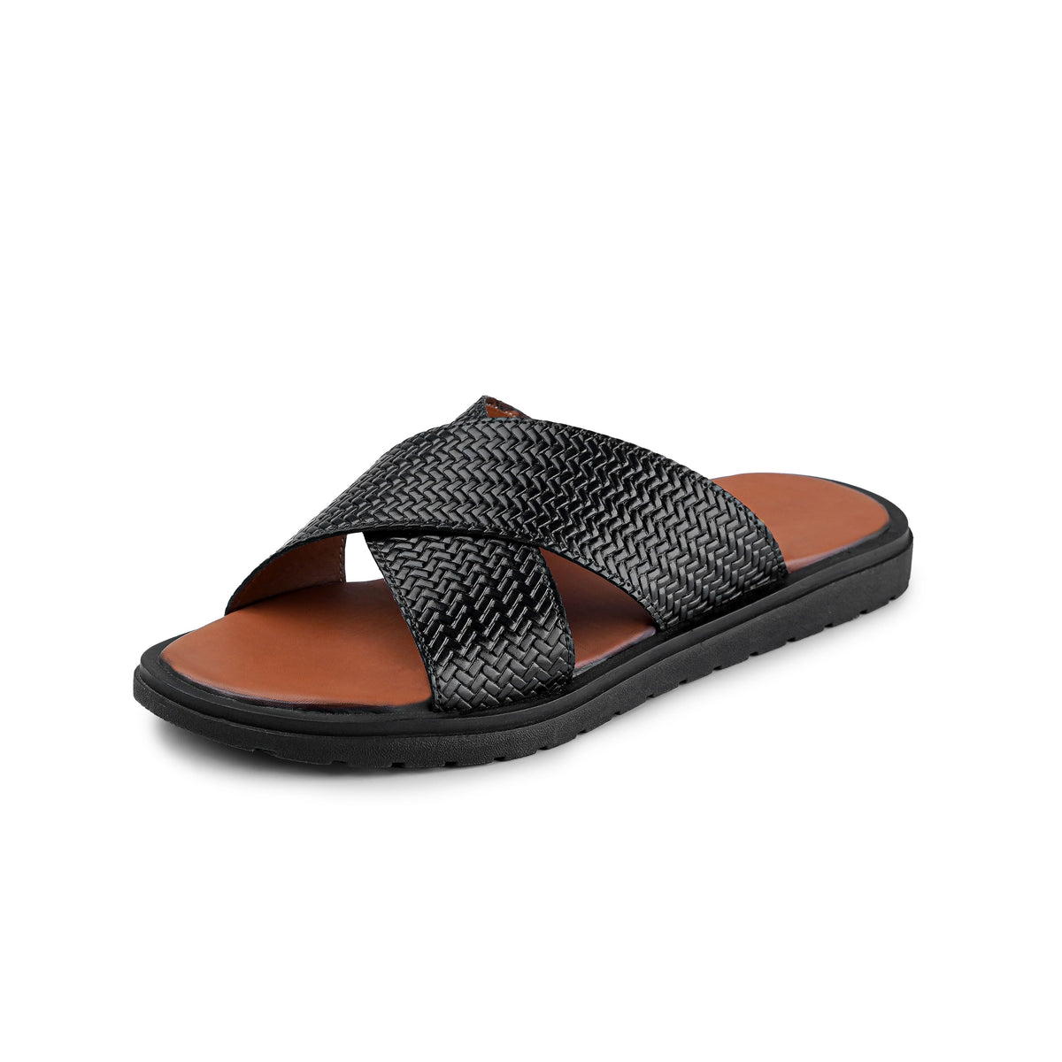Men’s Black Woven Cross‑Strap Slide Chappal