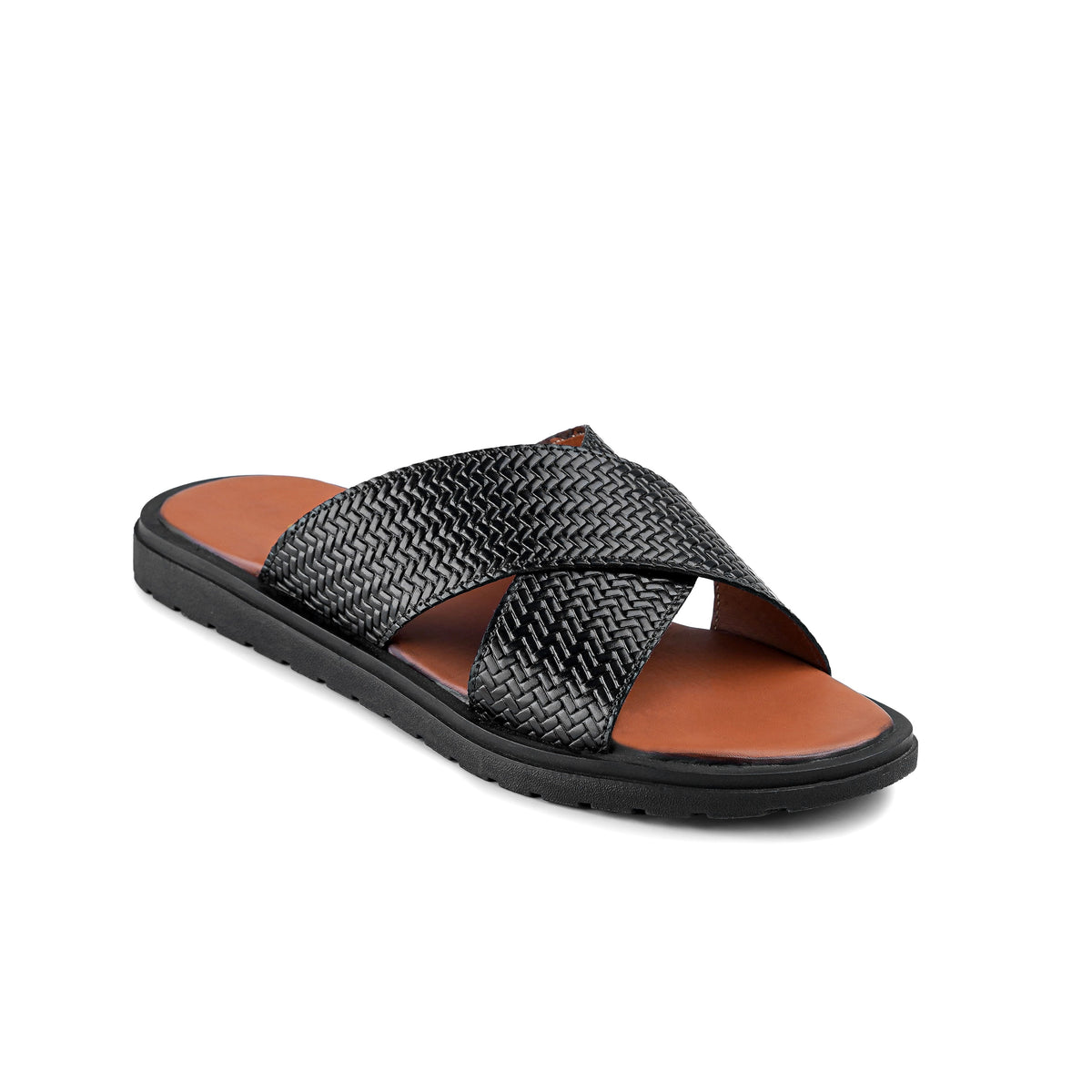 Men’s Black Woven Cross‑Strap Slide Chappal