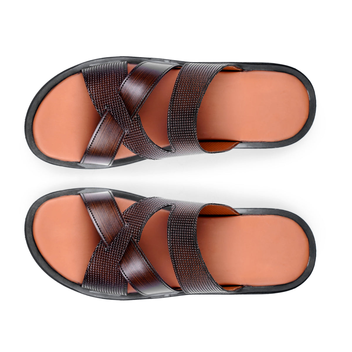 Men’s Coffee Brown Textured Cross‑Strap Slide Chappal