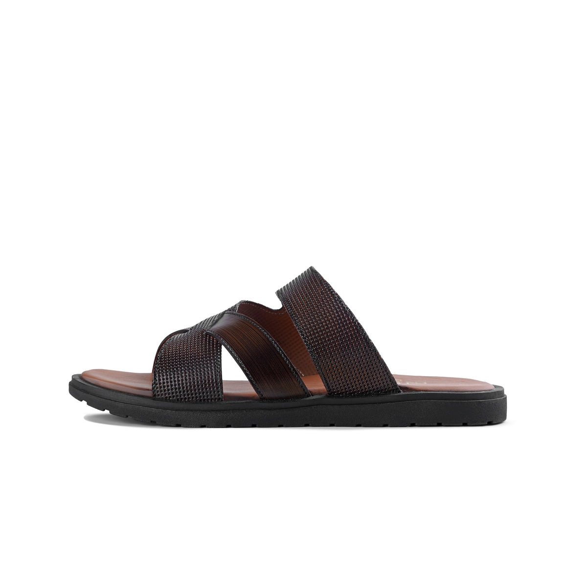 Men’s Coffee Brown Textured Cross‑Strap Slide Chappal