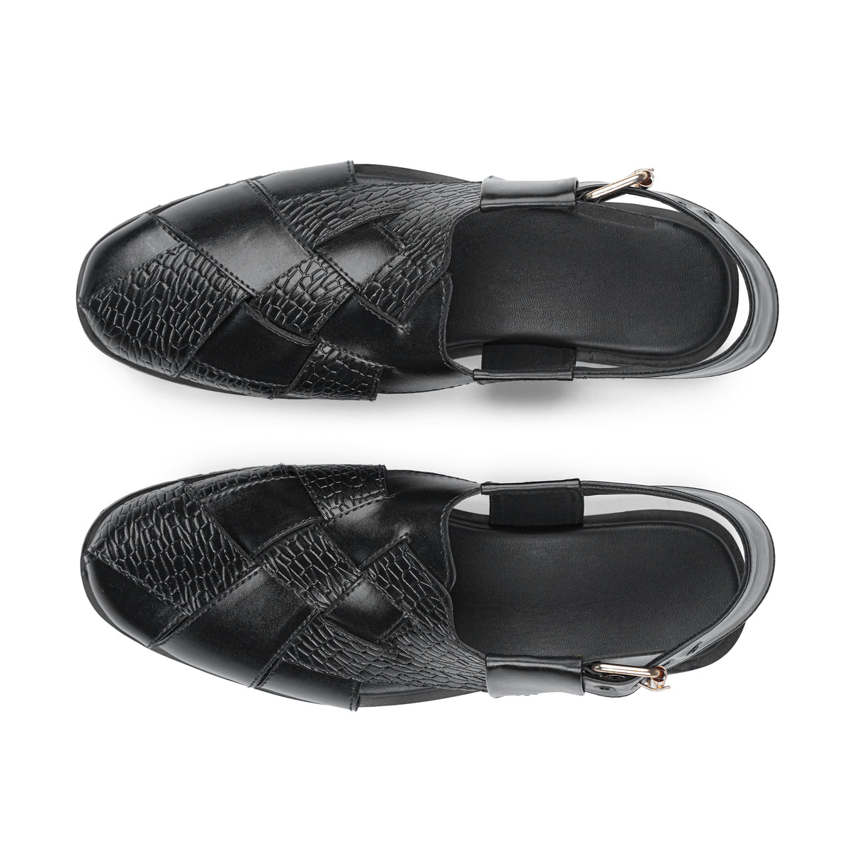 Men’s Black Embossed Cross‑Strap Peshawari Chappal