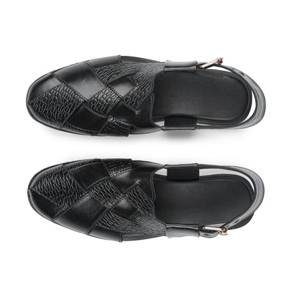 Men’s Black Embossed Cross‑Strap Peshawari Chappal