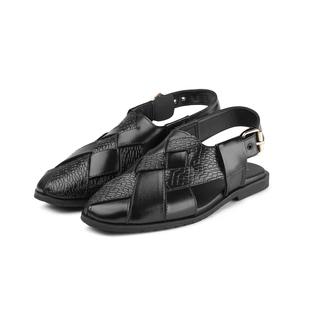 Men’s Black Embossed Cross‑Strap Peshawari Chappal