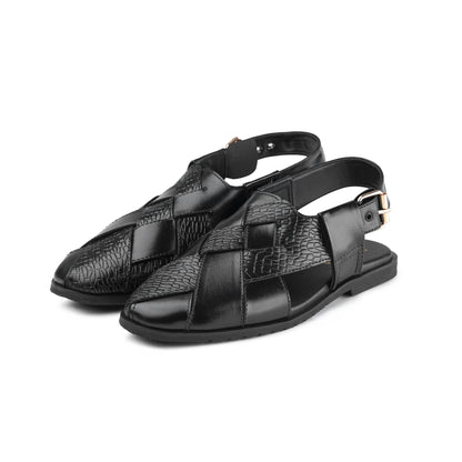 Men’s Black Embossed Cross‑Strap Peshawari Chappal