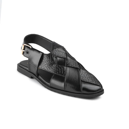Men’s Black Embossed Cross‑Strap Peshawari Chappal