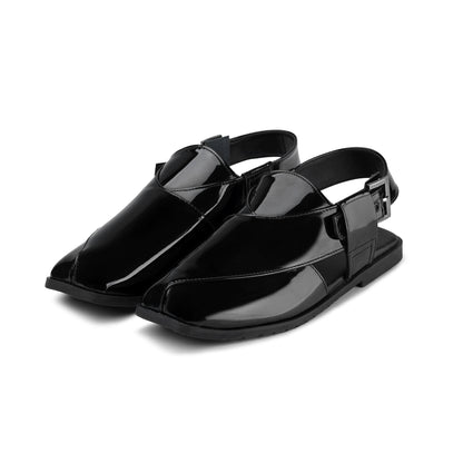 Men’s Noir Gloss‑Finish Peshawari Chappal