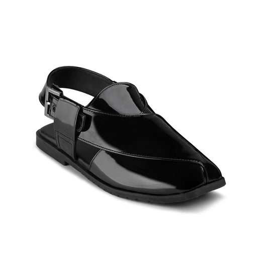Men’s Noir Gloss‑Finish Peshawari Chappal