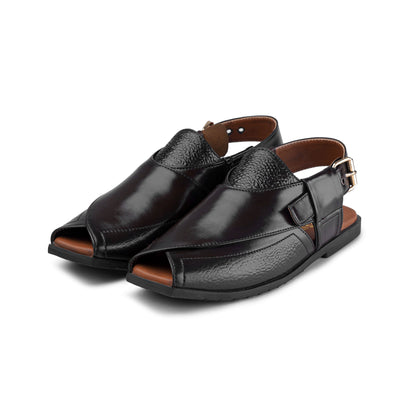 Men’s Black Embossed Cross‑Panel Peshawari Chappal
