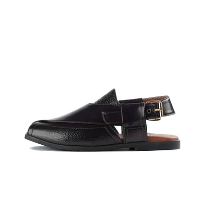 Men’s Black Embossed Cross‑Panel Peshawari Chappal
