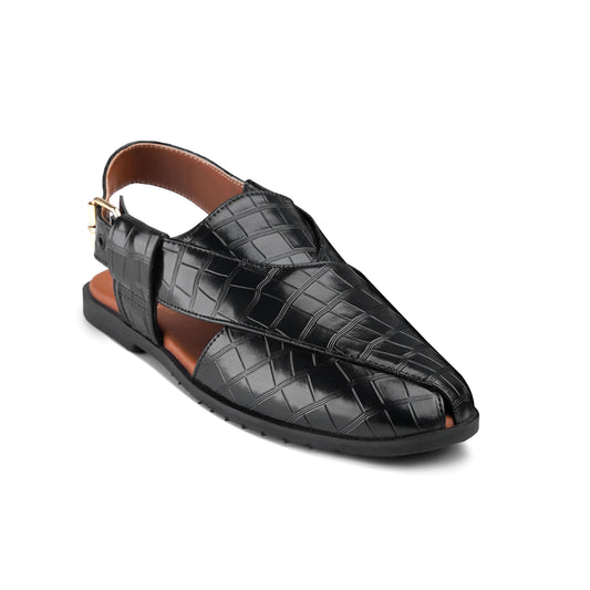Men’s Black Croc‑Embossed Peshawari Chappal