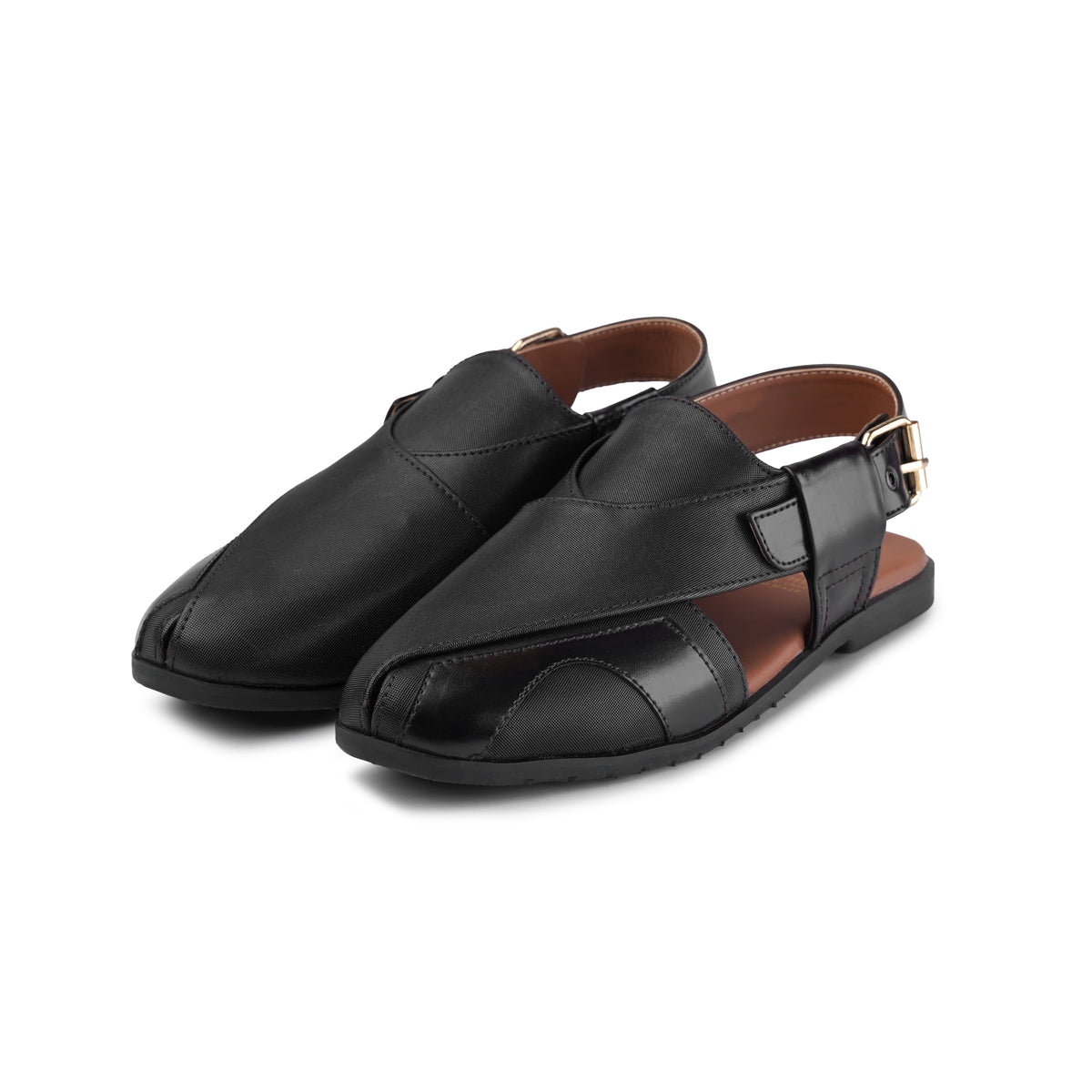 Men’s Black Textured Cross‑Strap Peshawari Chappal