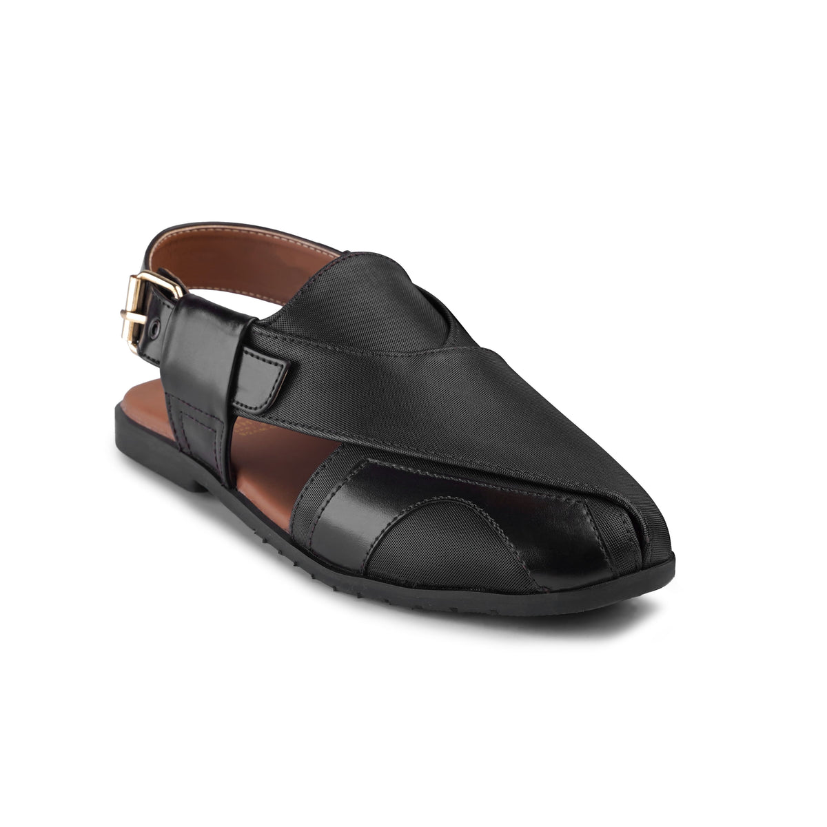 Men’s Black Textured Cross‑Strap Peshawari Chappal