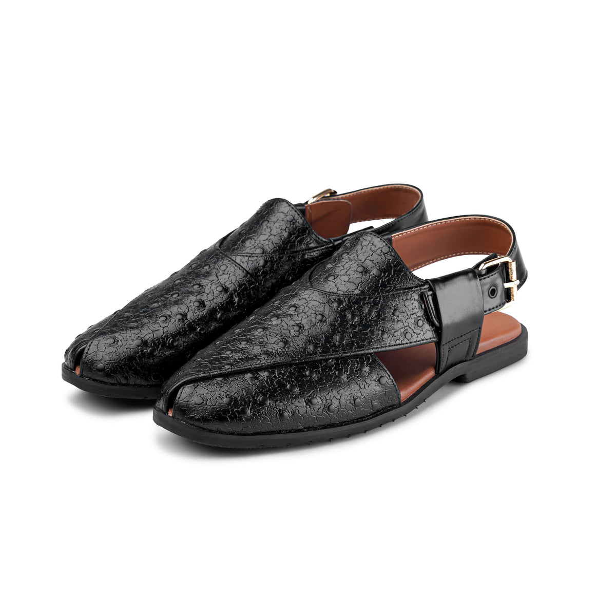 Men’s Black Embossed Cross‑Strap Peshawari Chappal