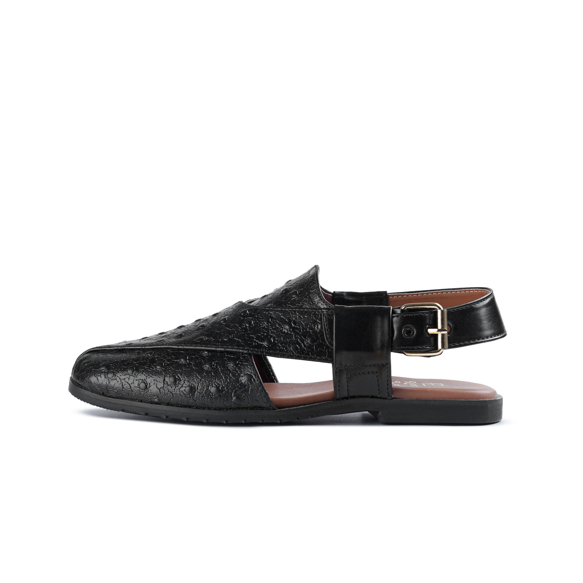 Men’s Black Embossed Cross‑Strap Peshawari Chappal