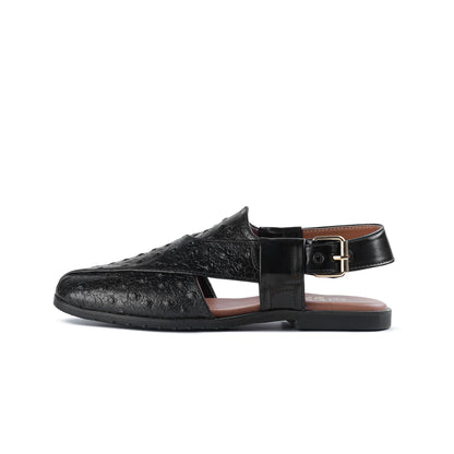 Men’s Black Embossed Cross‑Strap Peshawari Chappal