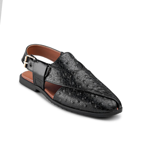 Men’s Black Embossed Cross‑Strap Peshawari Chappal