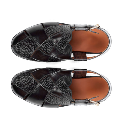 Men’s Black Croc‑Embossed Cross‑Strap Peshawari Chappal