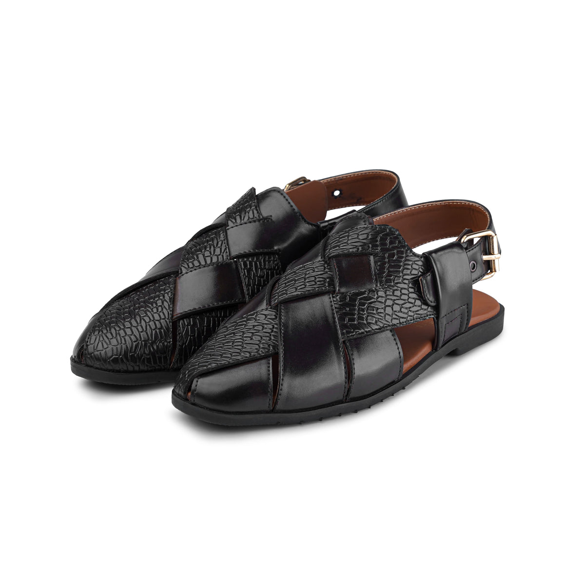 Men’s Black Croc‑Embossed Cross‑Strap Peshawari Chappal