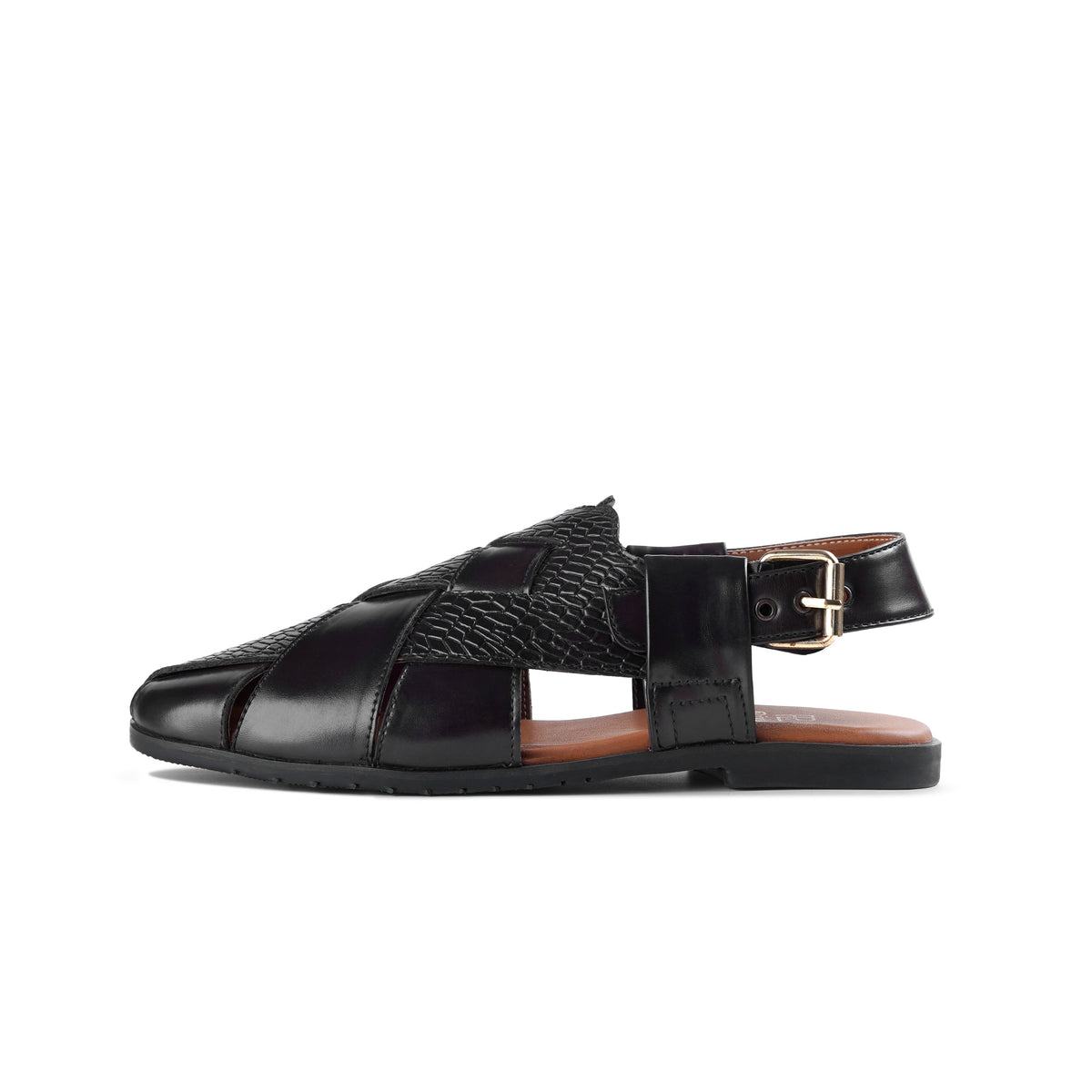 Men’s Black Croc‑Embossed Cross‑Strap Peshawari Chappal
