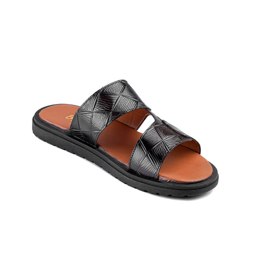 Men’s Gloss Black Embossed Double‑Strap Slide chappal