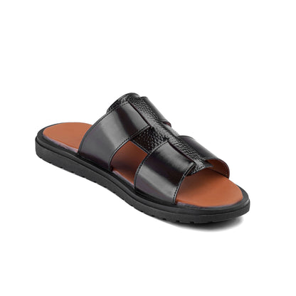 Men’s Gloss Black Textured H‑Strap Slide Chappal
