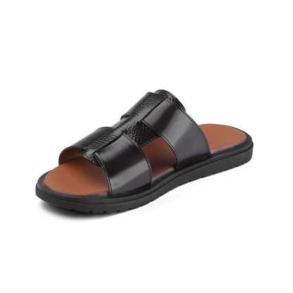 Men’s Gloss Black Textured H‑Strap Slide Chappal