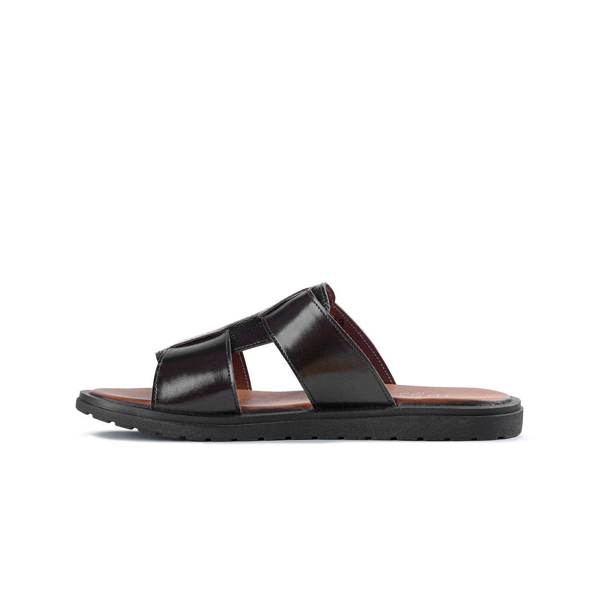 Men’s Gloss Black Textured H‑Strap Slide Chappal