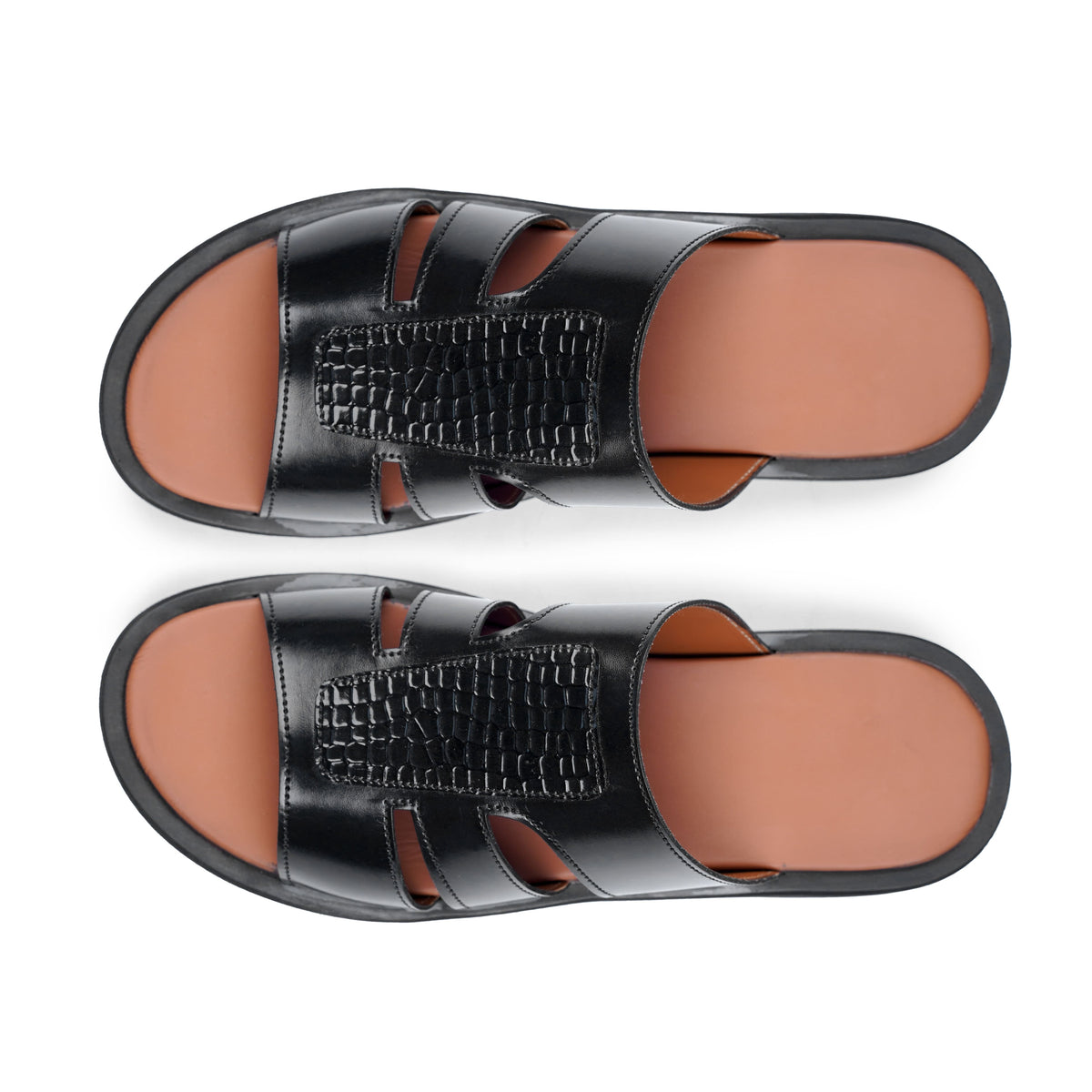 Men’s Gloss Black Croc‑Textured Panel Slide Sandal