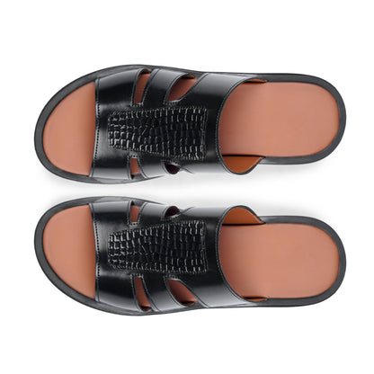 Men’s Gloss Black Croc‑Textured Panel Slide Sandal