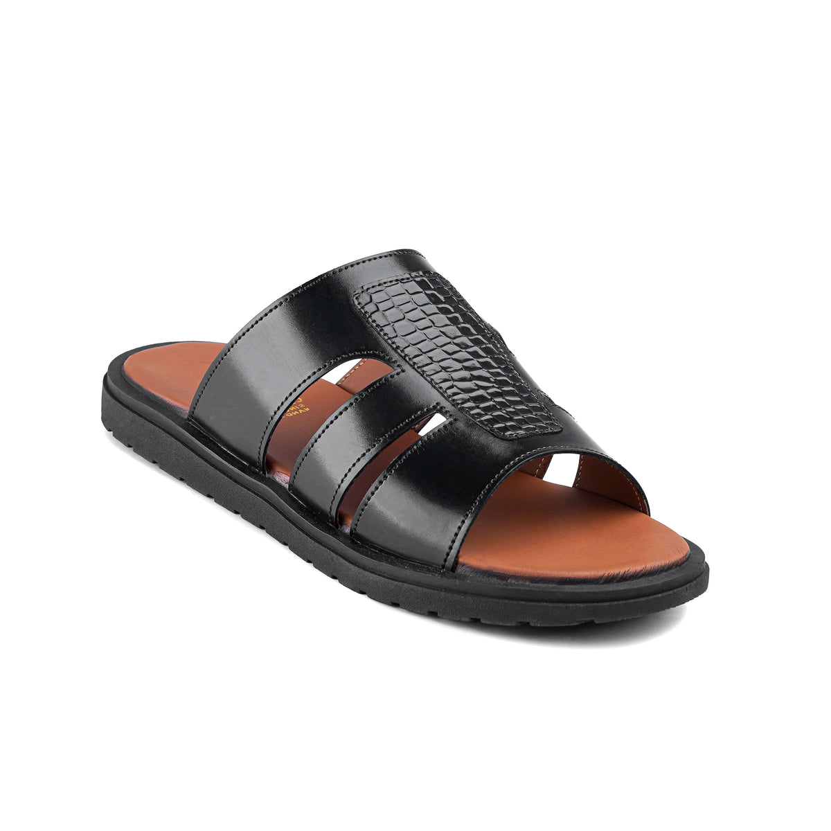 Men’s Gloss Black Croc‑Textured Panel Slide Sandal