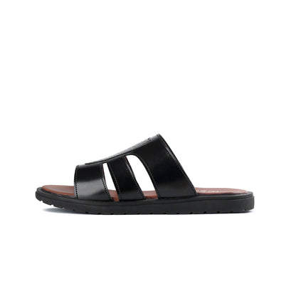 Men’s Gloss Black Croc‑Textured Panel Slide Sandal
