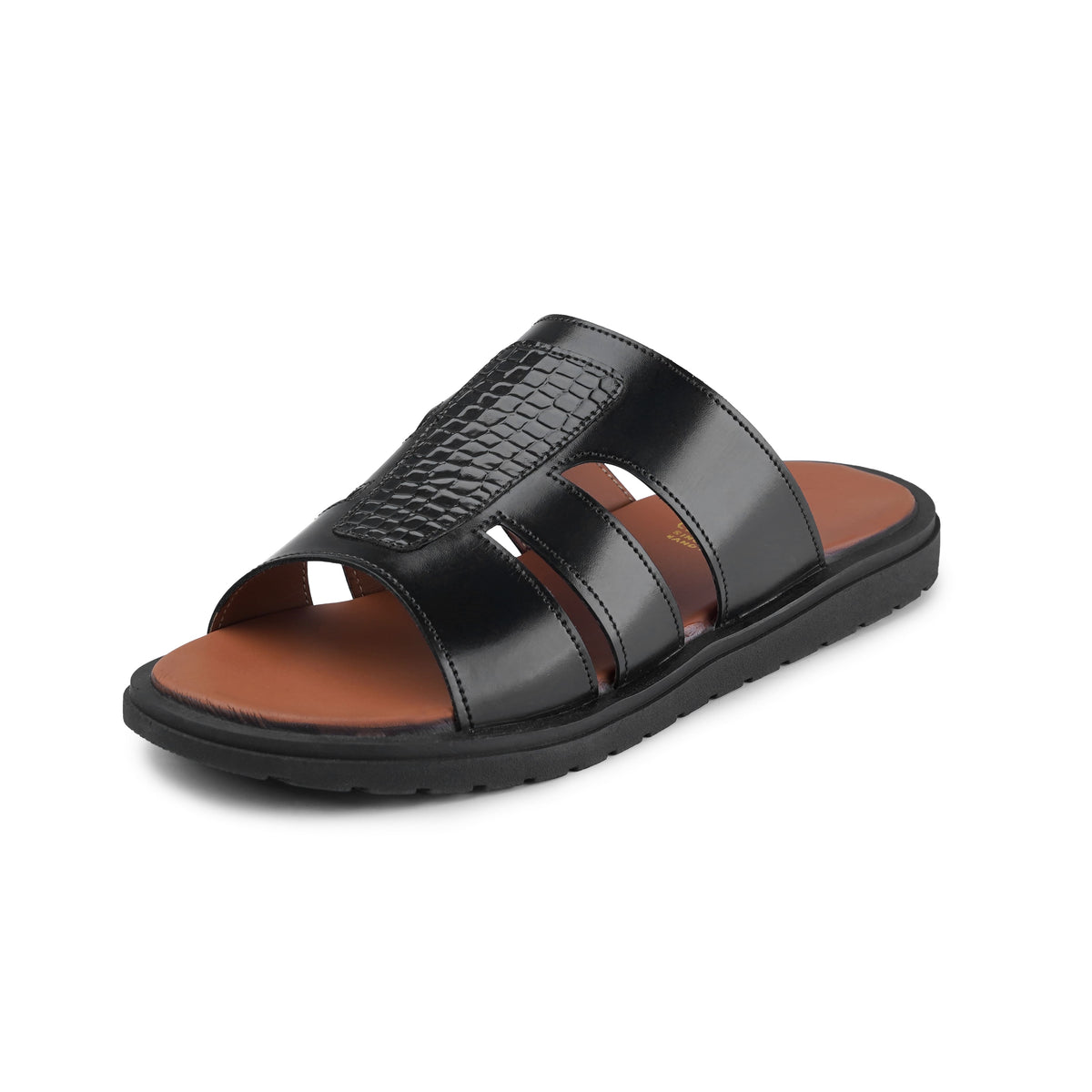 Men’s Gloss Black Croc‑Textured Panel Slide Sandal