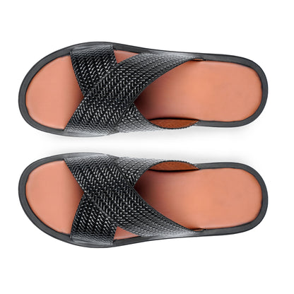Men’s Black Woven Cross‑Strap Slide Chappal