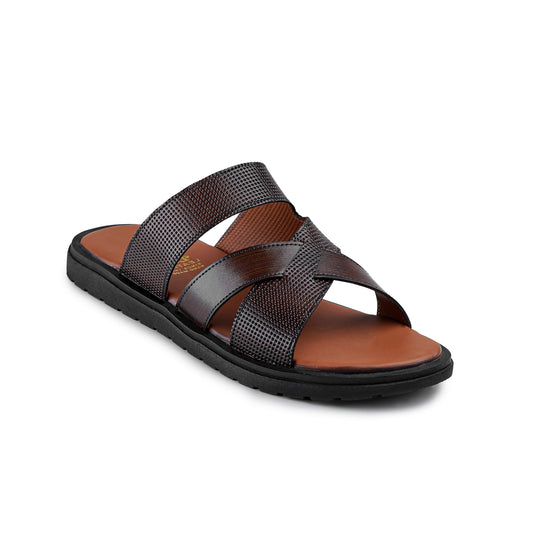 Men’s Coffee Brown Textured Cross‑Strap Slide Chappal