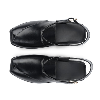 Men’s Gloss Black Cross‑Panel Peshawari Chappal