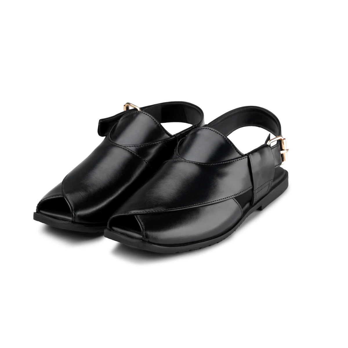 Men’s Gloss Black Cross‑Panel Peshawari Chappal