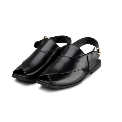 Men’s Gloss Black Cross‑Panel Peshawari Chappal