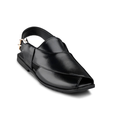 Men’s Gloss Black Cross‑Panel Peshawari Chappal