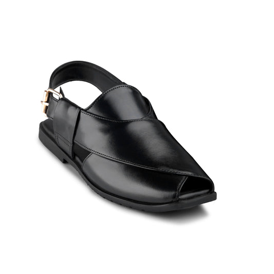 Men’s Gloss Black Cross‑Panel Peshawari Chappal