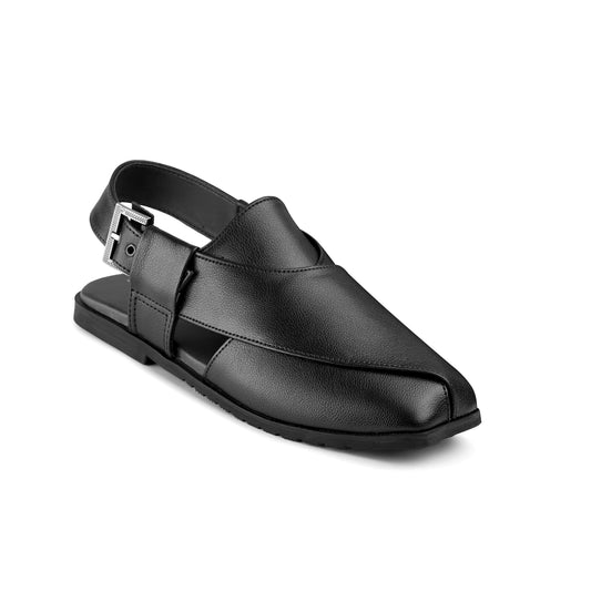 Men’s Black Cross‑Strap Peshawari Chappal